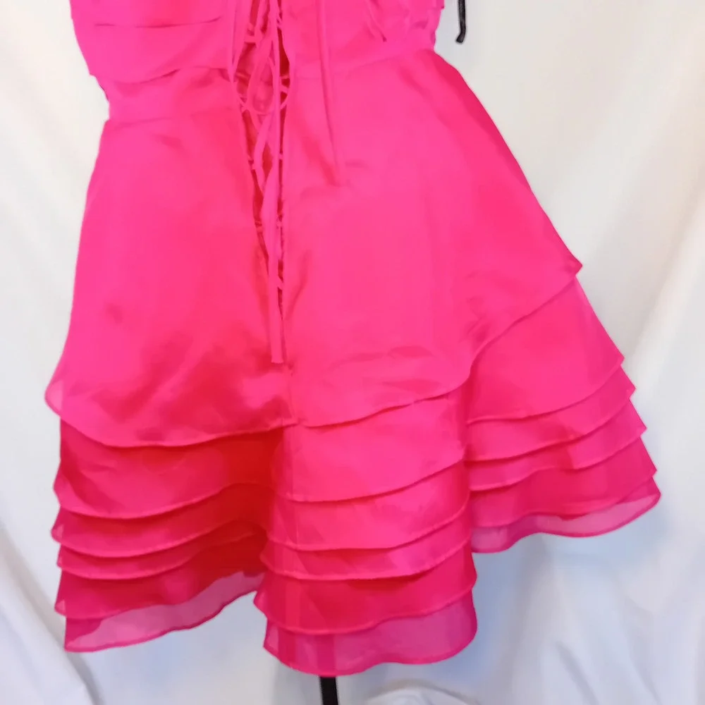 Vintage Y2K Bebe 100% Silk Mini Dress Hot Pink Ruffle One Shoulder Corset Back M - Picture 13 of 16